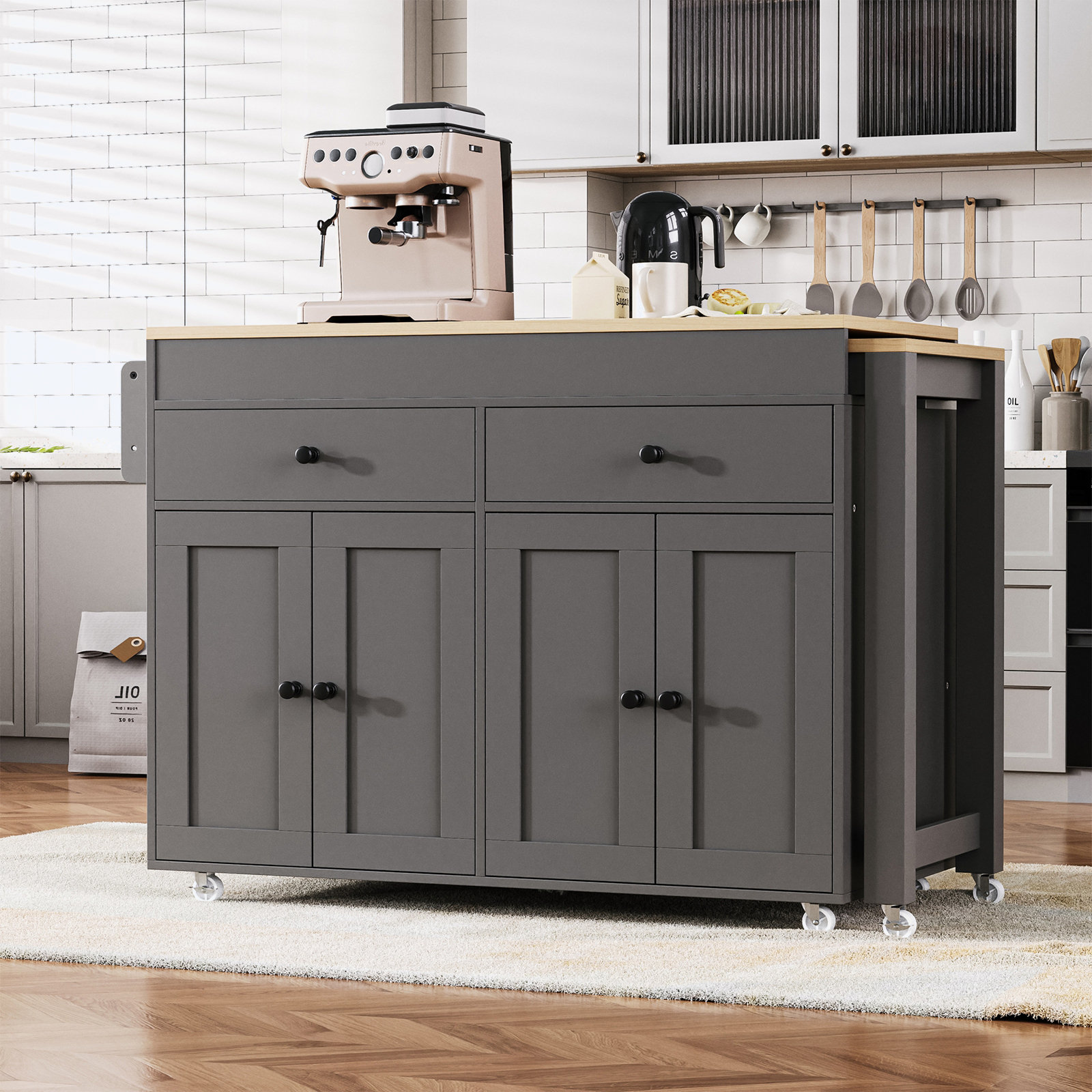 House of Hampton Kitchen Island with Extendable Dining Table , Rolling ...